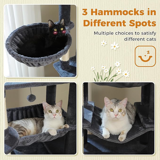 81 Inch Tall Cat Tree for Big Cats & Multi-Cat Homes, Large Heavy Duty Cat Tower with Metal Frame Hammock, 6 Scratching Posts, 2 Condos, 2 Perches, Scratching Pad - Dark Grey-PawvioPets