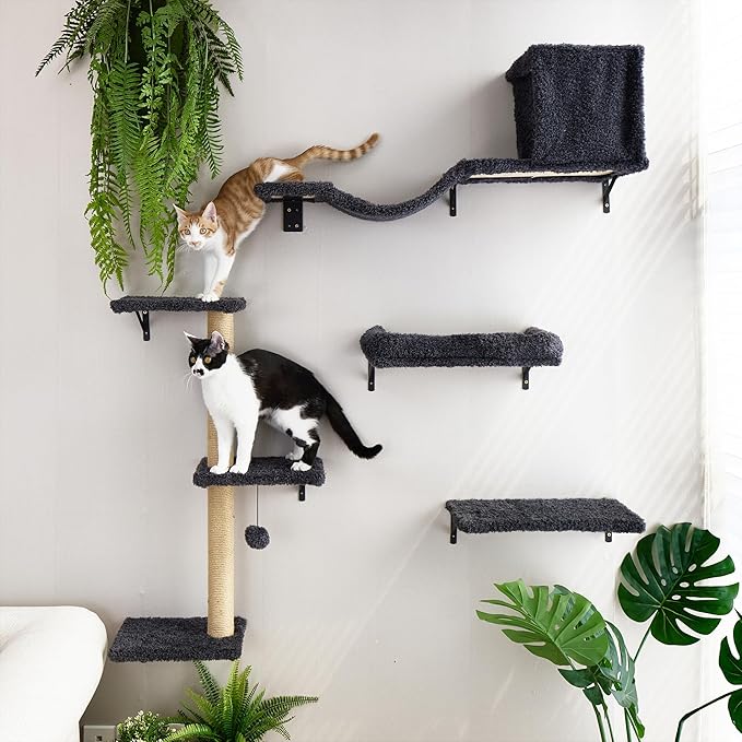 FUKUMARU Cat Wall Shelves, Stable & Safe 4 in 1 Cat Furniture Set, Wooden Climbing Wall with Scratching Post for 16 Inch Drywall - Gray-PawvioPets