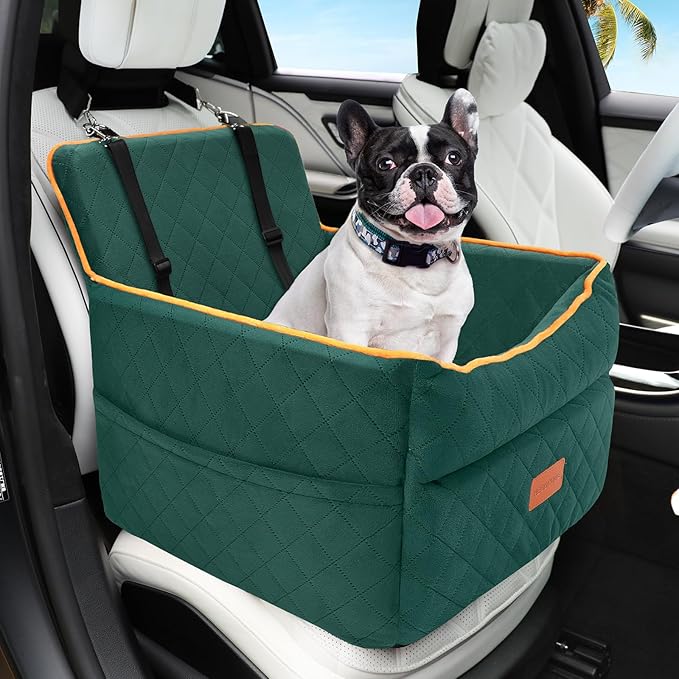 Dog Car Seat for Small Medium Dogs, Memory Foam Puppy Dog Booster Seat with Thick Cushion for Dogs Under 35lbs, Detachable Washable Pet Car Seat Travel Bed with Storage Pockets,2 Safety Belts-PawvioPets