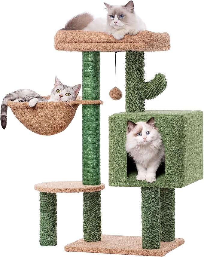 Cactus Cat Tree Small Cat Tower with 32 Inches Scratching Post with Cats Condo House, Cozy Hammock and Removable Top Bed and Dangling Ball for Indoor Cats-34” Green-PawvioPets