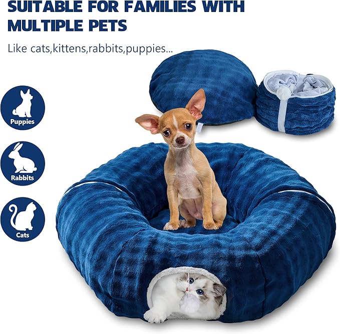 Bubble Cat Tunnel for Indoor Cats, Round Peekaboo Cave Toy with Dangling Balls, Donut Tunnel Bed with Circle Mat for Puppy Kitten Rabbit, Navy Blue-PawvioPets