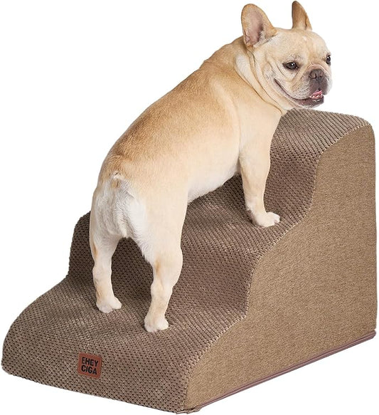 EHEYCIGA Curved Dog Stairs Ramp for Small Dogs 15.7" H, 3-Step Dog Steps for Couch Sofa and Chair, Pet Stairs for Cats, Non-Slip Balanced Pet Steps Indoor, Camel-PawvioPets