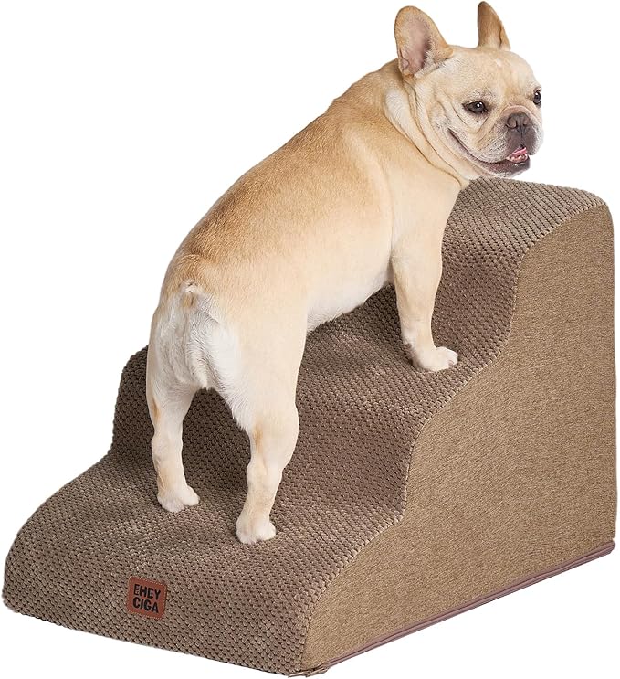 EHEYCIGA Curved Dog Stairs Ramp for Small Dogs 15.7" H, 3-Step Dog Steps for Couch Sofa and Chair, Pet Stairs for Cats, Non-Slip Balanced Pet Steps Indoor, Camel-PawvioPets