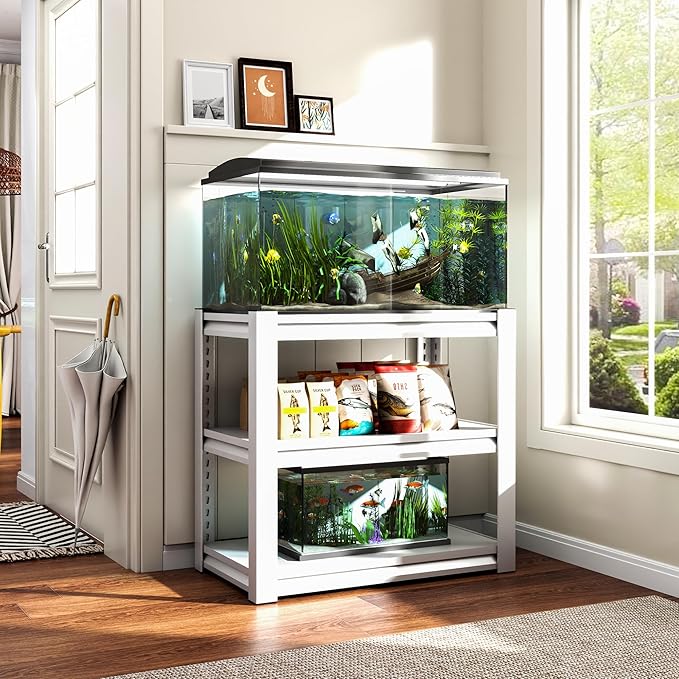 Fish Tank Stand White,3-tier Rack Shelf heavy duty Metal Frame Aquarium Stand 20 Gallon,Reptile Terrarium Stand for 30 Gallon Long Aquarium,Reptile Tank Stand,Breeder Tank Stand,31.5"*18"*34"-PawvioPets