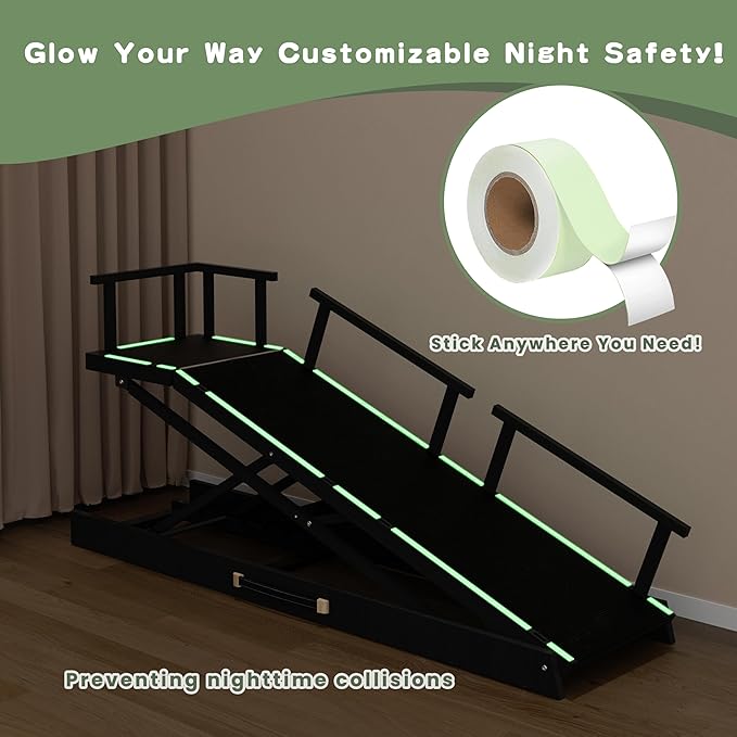 6 Level Height Adjustable Dog Ramp for Bed, Couch 65" Foldable Pet Ramp with Non-Slip Mat，DIY Glow Strips & Rest Platform Heavy Duty Dog Stairs for Large Dogs up to 200Lbs ，Black-PawvioPets