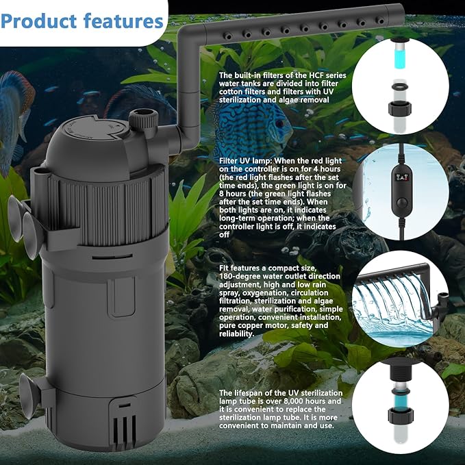 Aquarium U-V Filter for Green Water, Fish Tank Green Clean Machine with Aeration, Submersible Water Pump & U-V Light with Timer, for 10-75 Gallon Tank(105GPH/4W)-PawvioPets