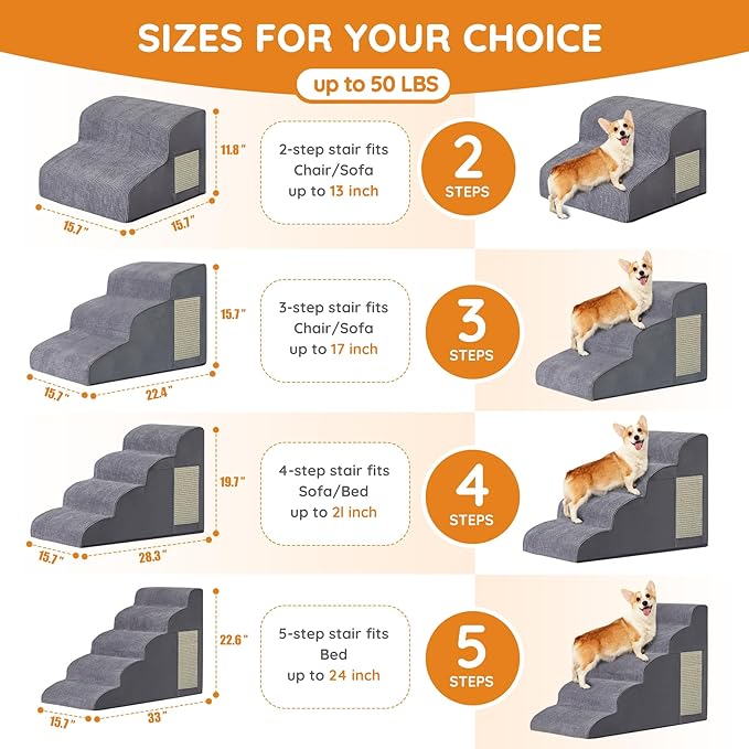 Dog Stairs for Small Dogs, 4-Step Dog Ramp for Bed 19.7" H, Dogs Steps for Bed, Couch, Pet Stairs with Non-Slip Bottom Design, Cat Scratching, High Density Foam Portable Pet Steps, Indoor, Grey-PawvioPets