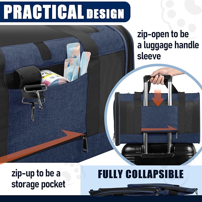 Dog Carrier Soft/Cat Crates Large Cat 20 to 25 pounds/Softsided Pet Car Travel Carry Bag 15 Pound Puppy/Top Open Transport Kennel Navy-PawvioPets