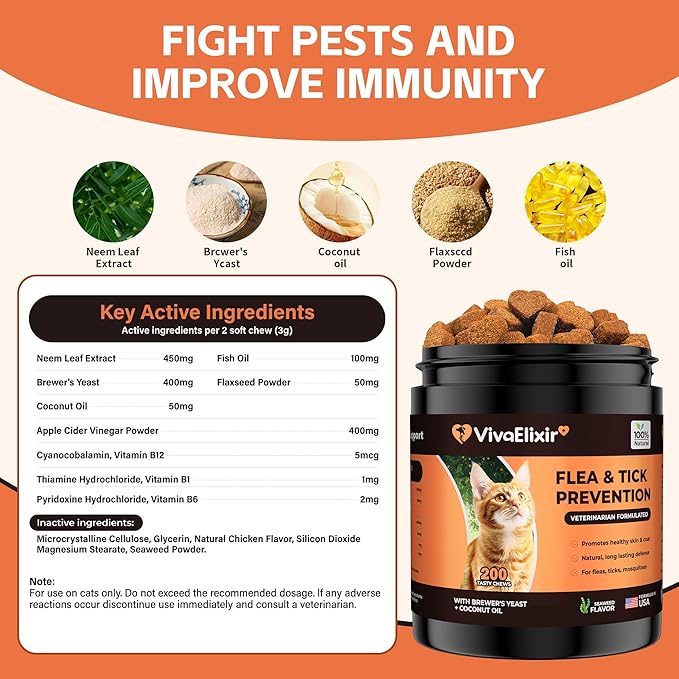 Flea & Tick Treatment for Cats – Natural Flea, Tick & Mosquito Prevention with Brewer’s Yeast, Coconut Oil – Skin & Coat Health, Immune Support – Vet Formulated 200 Chews-PawvioPets