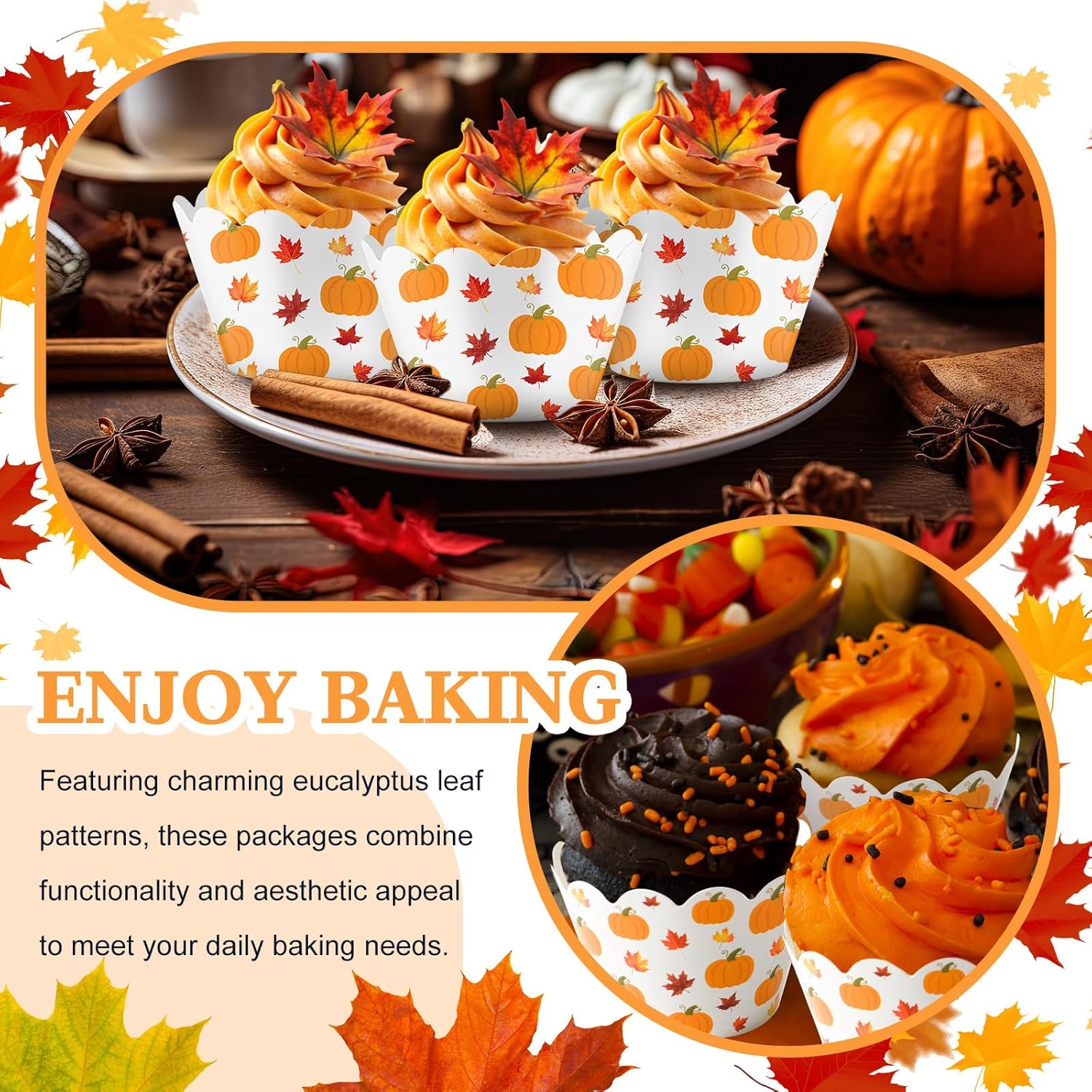 Domensi 100 Pcs Fall Pumpkin Maple Leaf Cupcake Wrappers Rustic Cupcake Liners Thanksgiving Baking Cups Baking Liners for Autumn Wedding Bridal Baby Shower Birthday Party Supplies Dessert Decoration