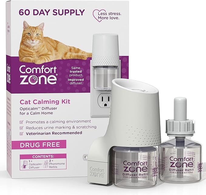 Comfort Zone 60 Day Starter Kit: 1 Cat Calming Diffuser & 2 Refills; Cat Pheromones Help Anxiety; Reduce Stress, Urine Marking, Scratching-PawvioPets