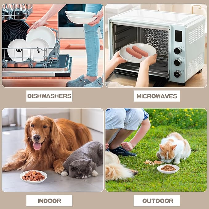 6 Pack Cat Food Bowl, Ceramic Cat Bowls, Anti Whisker Fatigue Cats Bowl Set,5.5 Inches Shallow Wide Kitten Plates for Food and Water (Cat's Paw+Fishbone)-PawvioPets