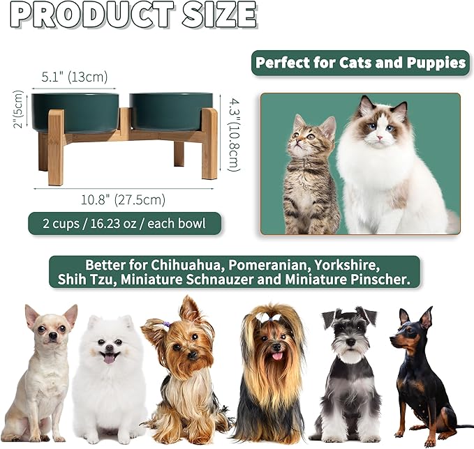 Elevated Ceramic Dog Bowl Set - Raised Feeding Bowls with Non-Slip Bamboo Stand - Small Pet Dishes for Food and Water - Ideal for Cats and Puppies - 16.23 OZ - 2 Cups - 480 ML-PawvioPets
