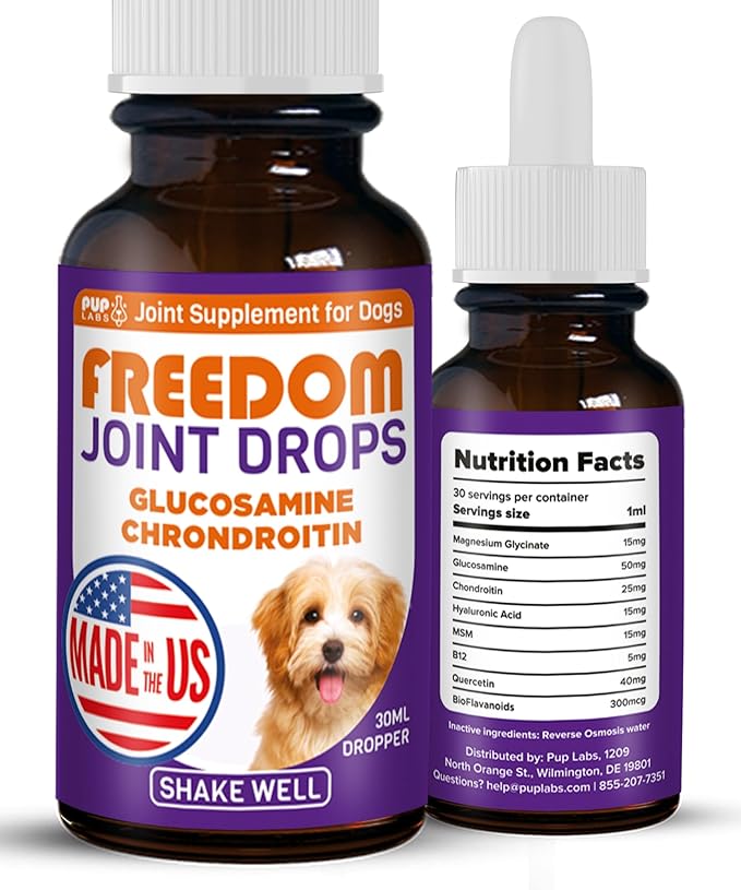 Freedom Joint Drops for Dogs with Hyaluronic Acid, MSM, Glucosamine, & Chondroitin, All Natural Liquid Joint Supplement for Dogs for Pain Relief, Mobility and Hip Support, 30 ml Dropper-PawvioPets