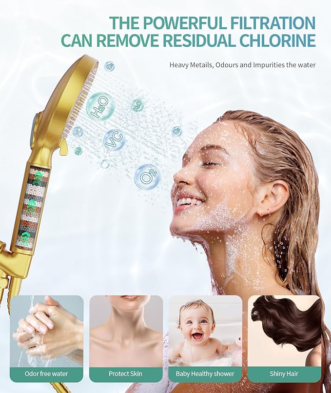 Filtered Shower Head with Handheld, High Pressure 9 Spray Mode Brushed Gold Showerhead with 4 Filters, Detachable Shower Head, Water Softener Filters Beads for Hard Water - Remove Chlorine-PawvioPets