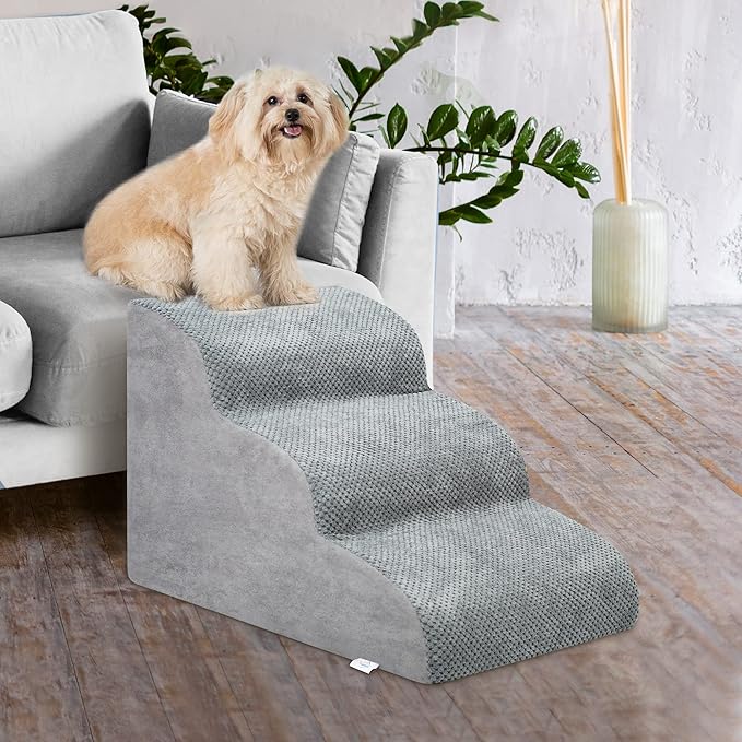 Dog Stairs for Small Dogs - High Density Foam Dog Ramp, Extra Wide Pet Steps with Non-Slip Bottom for High Beds, Couche and Sofa, Best for Dogs Injured, Older Doggy Cats (Grey, 3 Steps)-PawvioPets