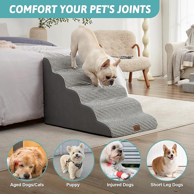 Extra Wide Dog Stairs 19.7" Width, Large Pet Step for Small Medium Dog, Puppy or Cat, Ramp for High Bed or Car, High Density Foam Ladder, Stable, 5 Step, 19.7x33x22.4 inch, White Black-PawvioPets