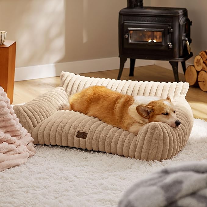 Bedsure Cute Dog Couch for Pets - Fluffy Dog Sofa with Premium Soft Corduroy Fleece, Pet Couch Bed with Washable Cover, Supportive Pet Sofa Bed for Medium Large Dogs, 36inch, Tuscan Beige-PawvioPets