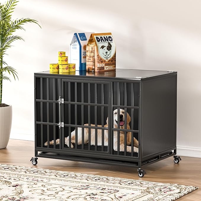 42 inch Heavy Duty Dog Crate with Self-Locking Latch, Indestructible Steel Large Kennel with Enclosed Design, Chew-Proof and Escape-Proof Pet Cage for High Anxiety Dogs-PawvioPets