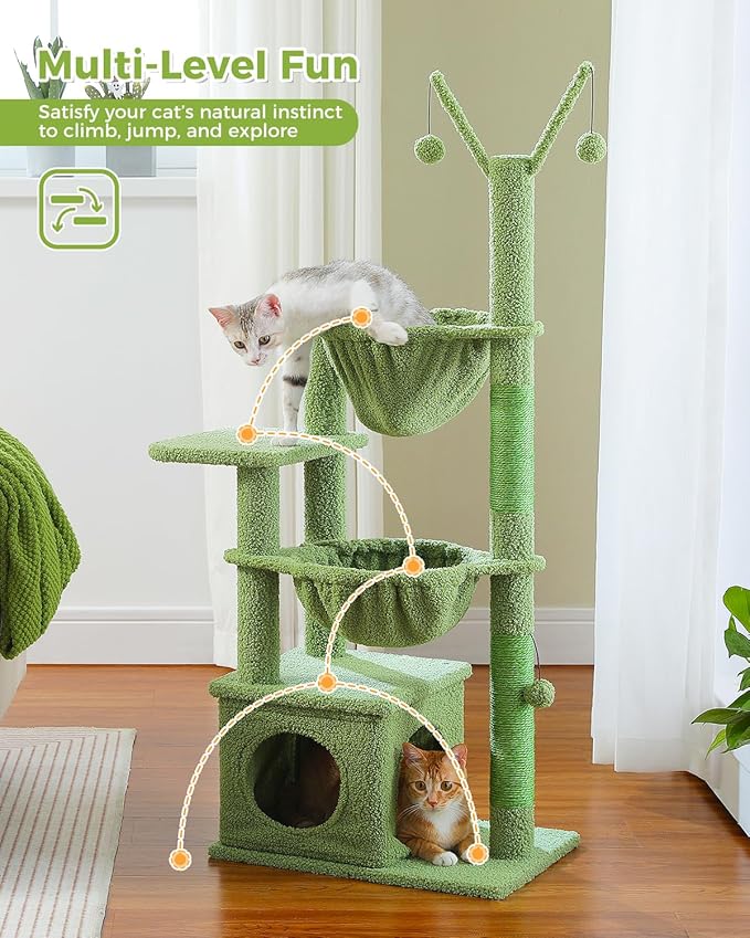 Cactus Cat Tree, 47.6" Cat Tower with 2 Metal Frame Hammock, Cat Scratching Post for Indoor Cats with 2 Removable Pompom Sticks for Kittens, Green-PawvioPets
