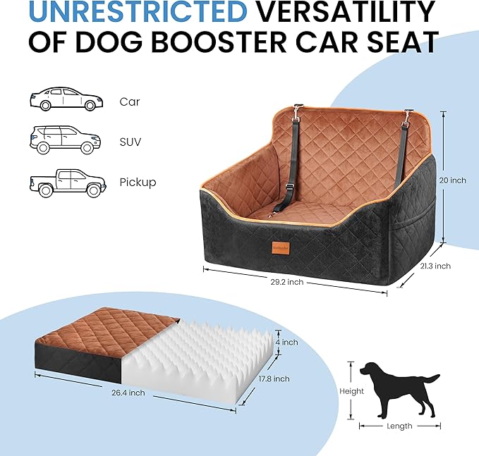 Dog Car Seat for Medium Dogs - Pet Car Seat with 2 Safety Straps & Waterproof Padding, Portable Pet Carrier for Cars, Trucks & SUVs, Comfortable Booster Bed for Pets Up to 55lbs (Black/Coffee)-PawvioPets