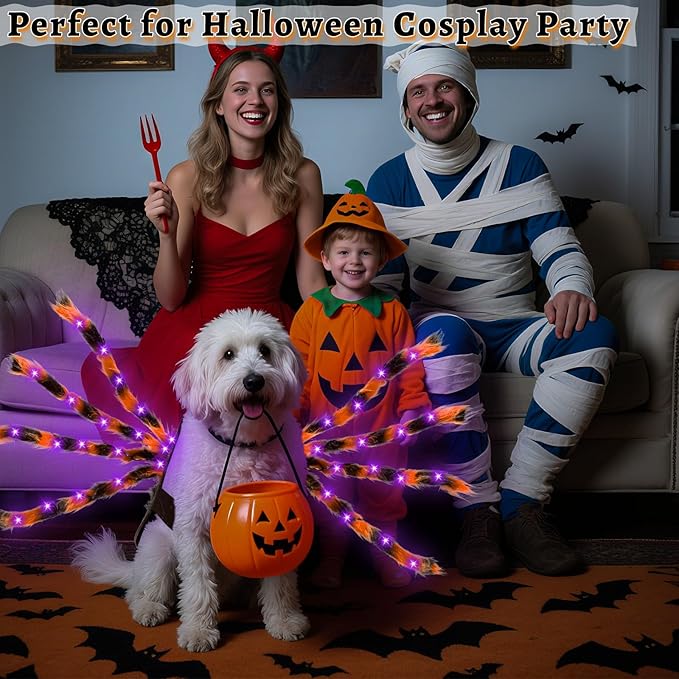 Camlinbo 24 LED Spider Dog Halloween Costume for Small Medium Large Dogs, Furry Spider with LED Lights Puppy Pet Costume Outfits Clothes Funny Halloween Costume Party Cosplay-PawvioPets