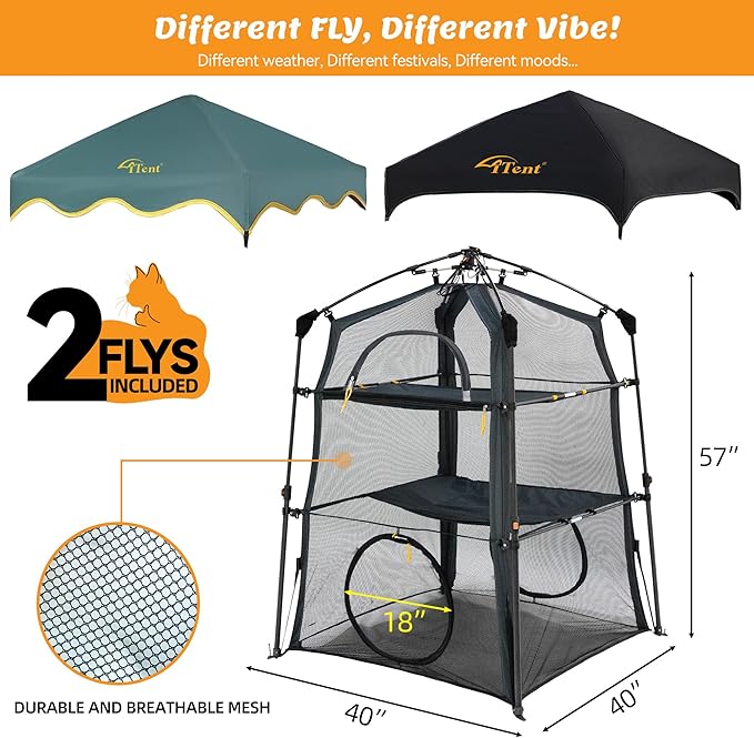 Extra Large Catio Outdoor Cat Enclosure,3 Tier Cat Tower Tent Weatherproof & Sunproof with 3 Doors, Foladable and Portable for Patio, Deck,Camping, Indoor & Outdoor(Patented)-Wave Shade-PawvioPets