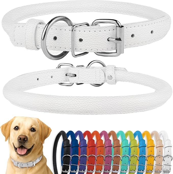 CollarDirect Rolled Leather Dog Collar, Soft Padded Round Puppy Collar, Handmade Genuine Leather Collar Dog Small Large Cat Collars 13 Colors (18-22 Inch, White Textured)-PawvioPets