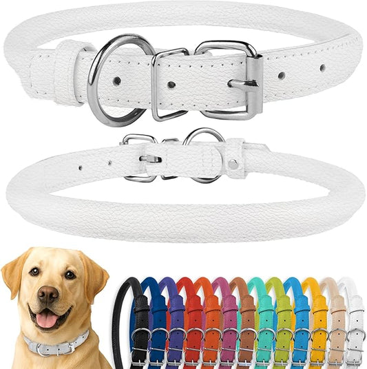 CollarDirect Rolled Leather Dog Collar, Soft Padded Round Puppy Collar, Handmade Genuine Leather Collar Dog Small Large Cat Collars 13 Colors (18-22 Inch, White Textured)-PawvioPets