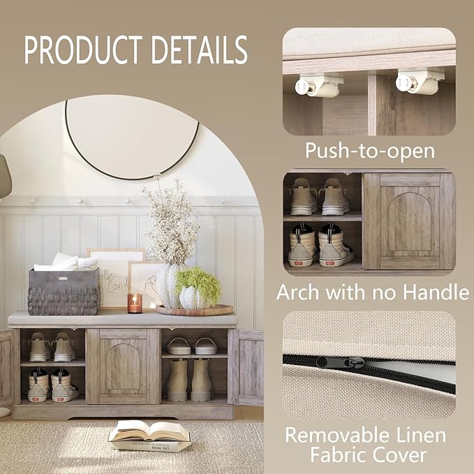 DINZI LVJ Shoe Bench, Entryway Storage Bench with Doors, Cushion, 2-Tier Shoe Rack with 6-Cubby, 39.4”L x 13.8”W Shoe Organizer Cabinet, Adjustable Shelf, Living Room, Bedroom, Greige-PawvioPets