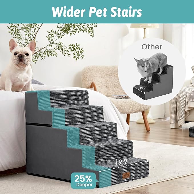 Dog Stairs for Small Dogs, 5 Tier Removable Wider Pet Stairs for Couch and Bed, 23.6" H Non-Slip Dog Steps for Puppies and Old Cats with Support Board, 29.5x19.7x23.6 inch, Dark Grey-PawvioPets