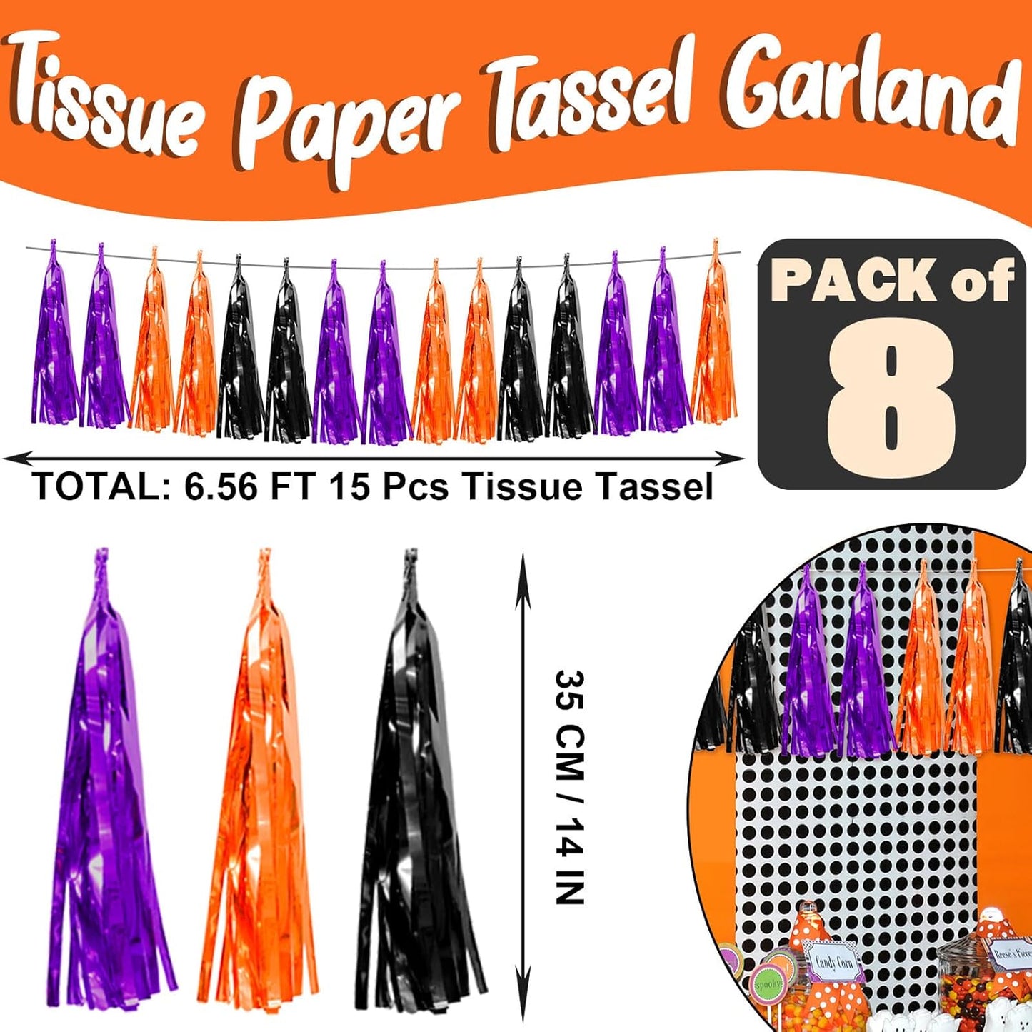 8P Purple Black 0range Foil Fringe Metallic Tassel Streamers Banner Tassel Garland for Parade Floats, Bachelorette, Wedding, Birthday, Halloween, Christmas, Bridal/Baby Shower Party Decorations