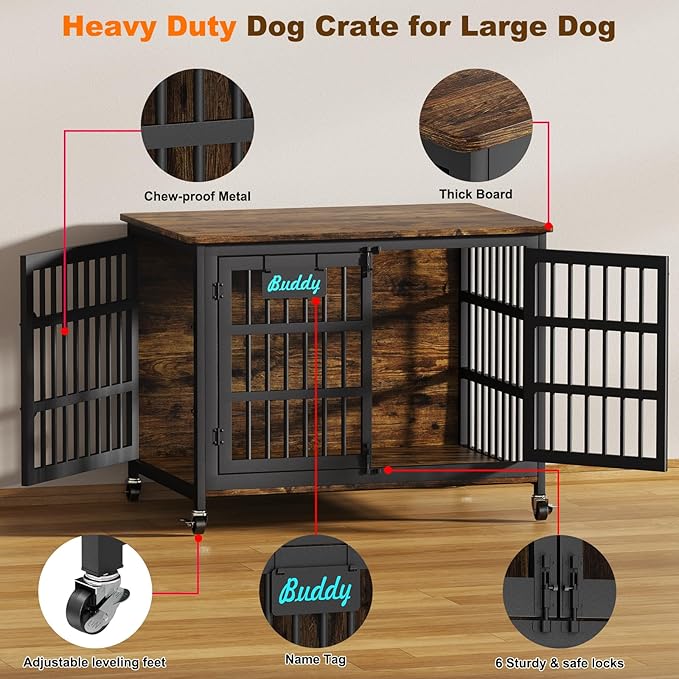 EasyCom 42"/41"/33" Dog Crate Furniture with Name Tag, XL Heavy Duty Dog Kennel Indoor for Large and Medium Dogs, Double-Doors Sturdy Dog Cage for Anxiety Dog, Decorate House as TV Stand-PawvioPets