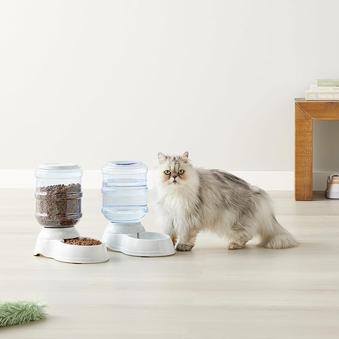 Amazon Basics Automatic Dog Cat Water Dispenser Gravity Feeder Set, Pack of 2, Small, 6-Pound Food Capacity, 1-Gallon, Gray-PawvioPets