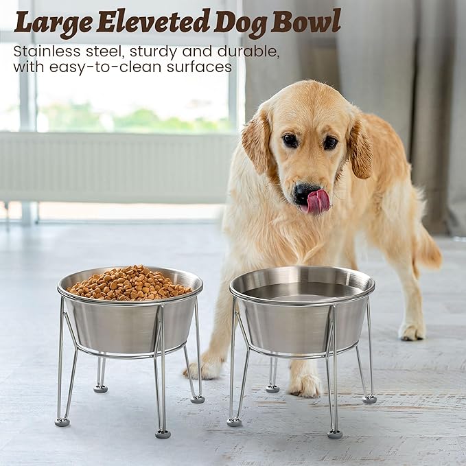 Elevated Dog Bowls for Large & Medium Dogs - Stainless Steel 64oz/8 Cup Raised Feeder with Non-Slip Base, Dual Food & Water Bowls 2-Pack-PawvioPets
