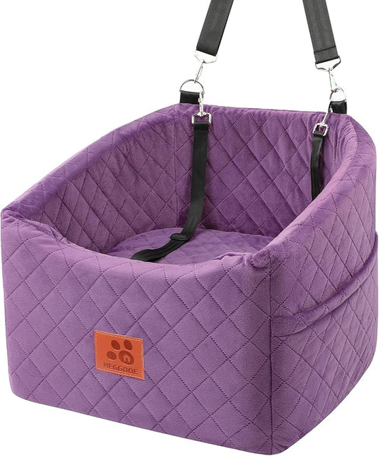 Dog Car Seat for Small Medium Dogs, Memory Foam Pet Booster Seat for Dogs up to 35 lbs, Elevated Dog Carseat, Travel Safety Bed with Washable Removable Cover and Storage Pockets (Purple)-PawvioPets