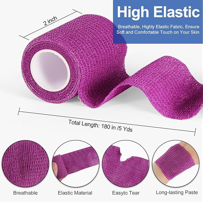 24 Pack 2 Inch x 5 Yards Self Adhesive Bandage Wrap, Elastic Cohesive Wrap 2 inch Vet Wrap Bandage Tape, Purple Grip Tape for Athletic, Sports, First Aid Medical, Wrist, Ankle Sprains-PawvioPets