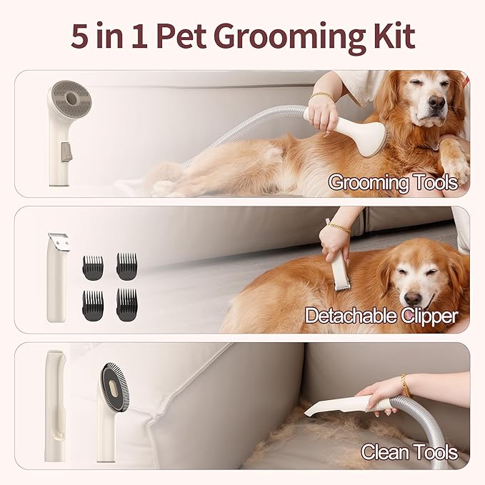 Dog Grooming Vacuum Kit, 2.5L Large Capacity, Dogs & Cats Vacuum for Shedding, 4 Pet Grooming Tools, Low Noise, Dog Nail Clipper as A Gift-PawvioPets