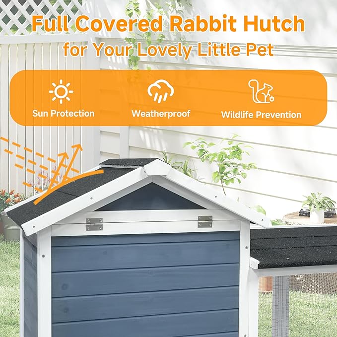 GARWOOD Large Outdoor Indoor Rabbit Hutch Wooden Bunny Rabbit Cage 2-Story with Run No-Leak Pull-Out Tray Waterproof Asphalt Roof Ramp for Guinea Pig Small Animal Wood Pet House Home Blue White-PawvioPets