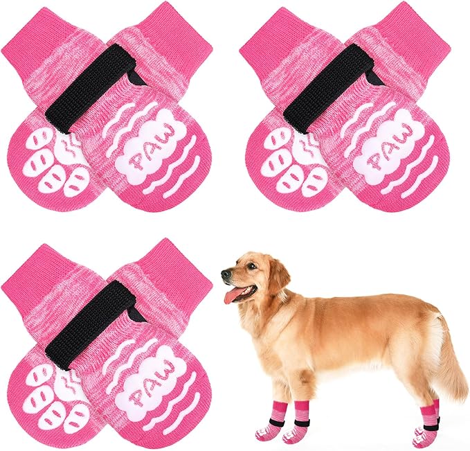 BEAUTYZOO Anti Slip Dog Socks for Small Medium Large Dogs,Paw Protector with Grips for Hardwood Floor Hot/Cold Pavement,Traction Control 3 Pairs AntiTwist Dog Shoes to Prevent Licking for Senior Dog-PawvioPets