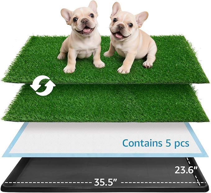 Dog Grass Pad with Tray,35.5” x 23.6” Indoor Dog Potty System 2 Pics Replacement Artificial Grass Mats-5 Pics Disposable Puppy Pads,for Puppy Training Apartment,Balcony and Apartment Use-PawvioPets