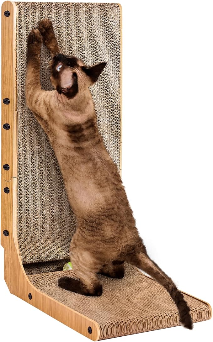 EHEYCIGA Cardboard Cat Scratcher for Indoor Cats, 26.8 Inch L Shaped Vertical Cat Scratching Board with Ball Cat Toy, Large Cat Scratcher Pad, Brown-PawvioPets