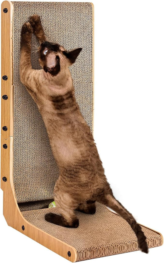 EHEYCIGA Cardboard Cat Scratcher for Indoor Cats, 26.8 Inch L Shaped Vertical Cat Scratching Board with Ball Cat Toy, Large Cat Scratcher Pad, Brown-PawvioPets