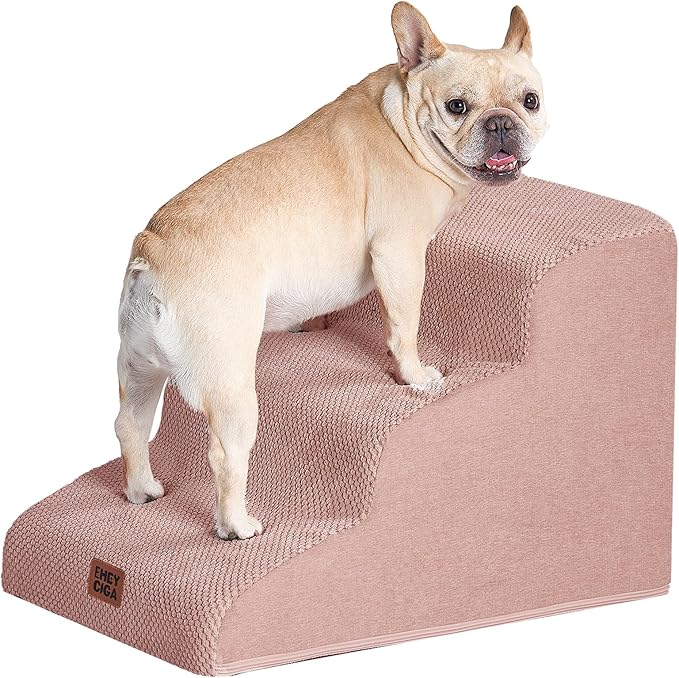 EHEYCIGA Curved Dog Stairs Ramp for Small Dogs 15.7" H, 3-Step Dog Steps for Couch Sofa and Chair, Pet Stairs for Cats, Non-Slip Balanced Pet Steps Indoor, Dusty Pink-PawvioPets