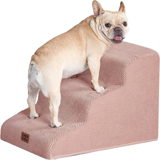 EHEYCIGA Curved Dog Stairs Ramp for Small Dogs 15.7" H, 3-Step Dog Steps for Couch Sofa and Chair, Pet Stairs for Cats, Non-Slip Balanced Pet Steps Indoor, Dusty Pink-PawvioPets