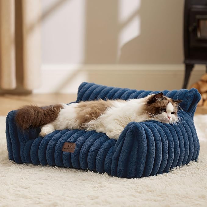 Bedsure Cute Cat Couch for Pets - Fluffy Cat Sofa with Premium Soft Corduroy Fleece, Fuzzy Pet Couch Bed with Removable Washable Cover, Supportive Pet Chair for Indoor Cats, 24inch, Night Blue-PawvioPets