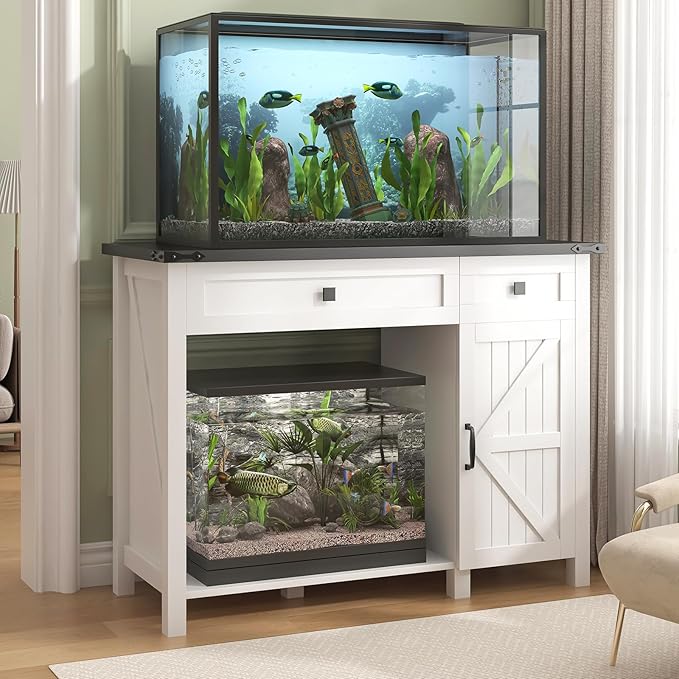 40 Gallon Aquarium Stand With Charging Station, Farmhouse Fish Tank Stand, Reptile Tank Stand Terrarium Stand with Drawer and Cabinet Storage, Sturdy Heavy Duty 41.9"×18.3" Tabletop - White-PawvioPets