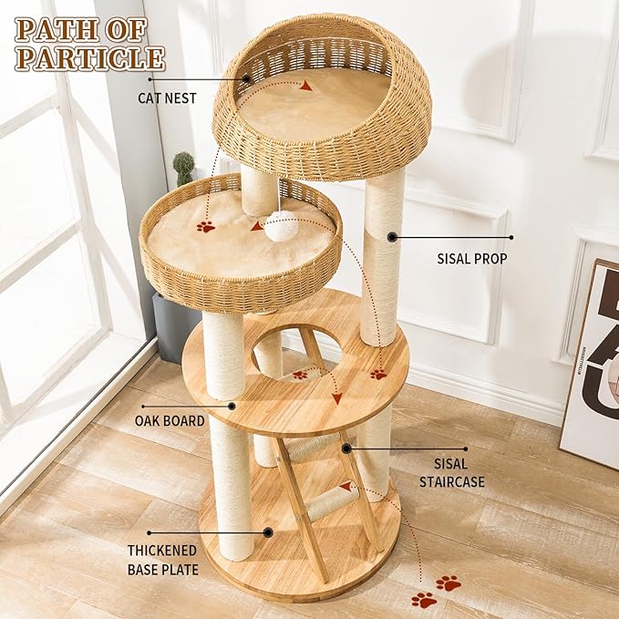 Big Modern Design Cat Tree Tower, Cat Tower Sisal-Covered Scratching Posts for Indoor Cats, Natural Oak Wood Cat Tree for Large Cats, Multi-Level Cat Condo with Sisal Staircase-PawvioPets