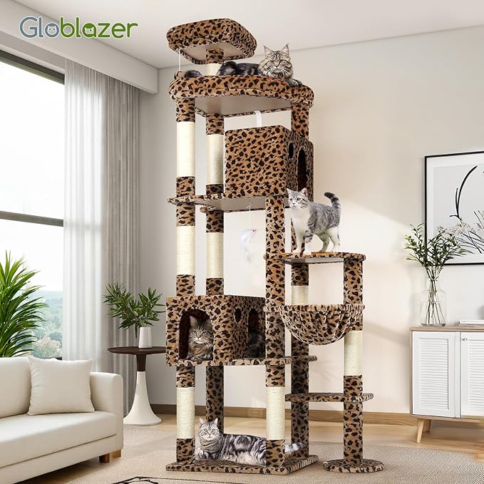 Globlazer Giant Cat Tree, 83 inch Cat Tree for Indoor Cats Large Adult, XXL Cat Tower with 9 Scratching Posts for 20lb+ Heavy Duty Large Adult Cats, F83, Leopard Print-PawvioPets