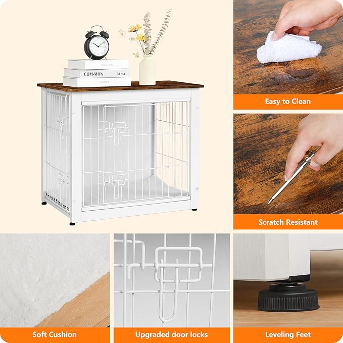 DWANTON Dog Crate Furniture with Cushion, Wooden Kennel Table with Double Doors, Indoor Dog House, Small/Medium/Large Size, 27.2" L, White+Rustic Brown-PawvioPets
